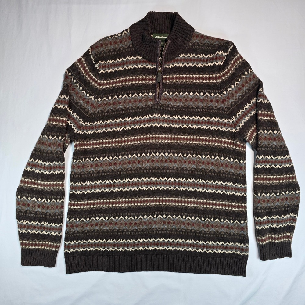 Eddie Bauer Mens Brown Fair Isle 100% Cotton Quarter Zip Sweater Large 3362
